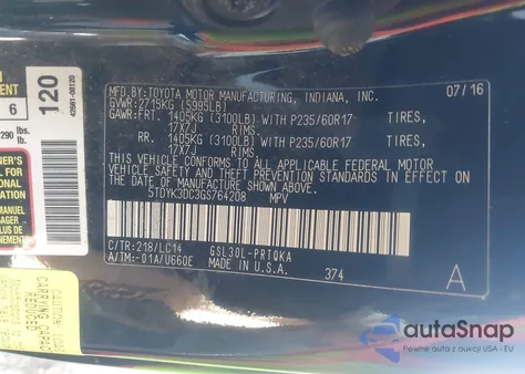 2016 Toyota Sienna Xle 8 Passenger z USA, uszkodzony, nr VIN 5TDYK3DC3GS764208